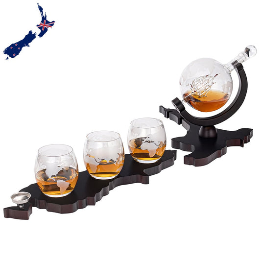 New Zealand's Map Wooden Base Etched Globe Whisky Decanter Set With 3 Glasses- Limited Edition