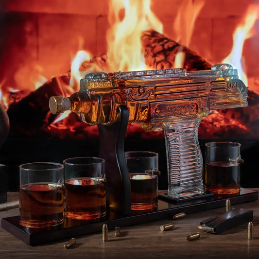 Uzi Submachine Gun Whiskey Gun Decanter with 4 Liquor Glasses & Wooden Base