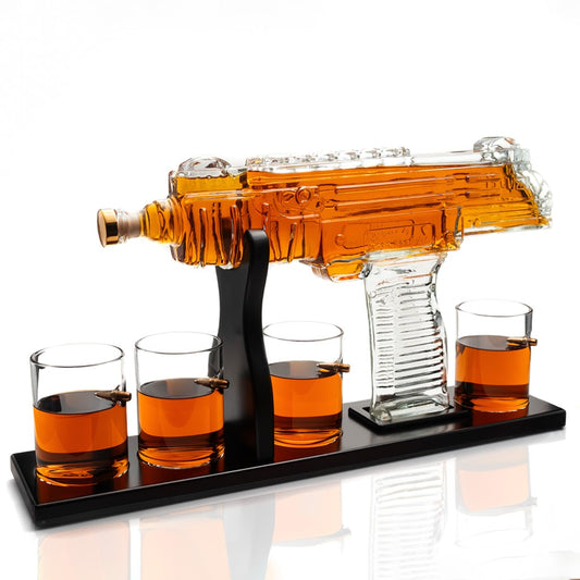 Uzi Submachine Gun Whiskey Gun Decanter with 4 Liquor Glasses & Wooden Base