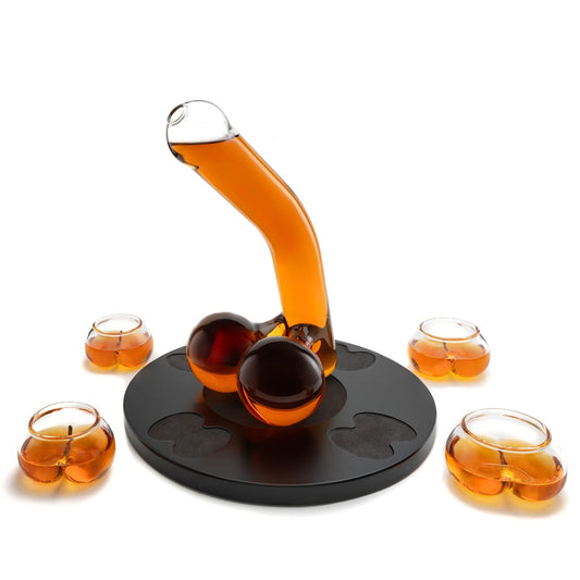 Penis Decanter 850ml with 4 shot glasses 140ml and a rich classic wooden base