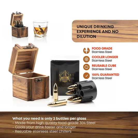 XL Whisky Bullet Chillers 6 pcs Golden with a Revolver Base and a Wooden Box.