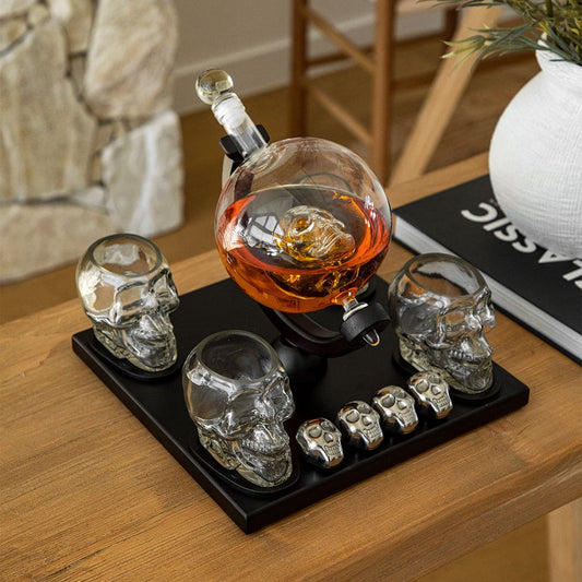 Skull Globe Decanter Set with 4 skull shot glasses+4 stainless steel skull stones