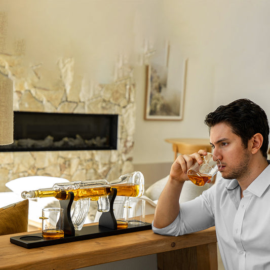 Limited Edition 800ml Elegant Rifle Gun Whiskey Decanter with 4 Bullet Whiskey Glasses and Mahogany Wooden Base