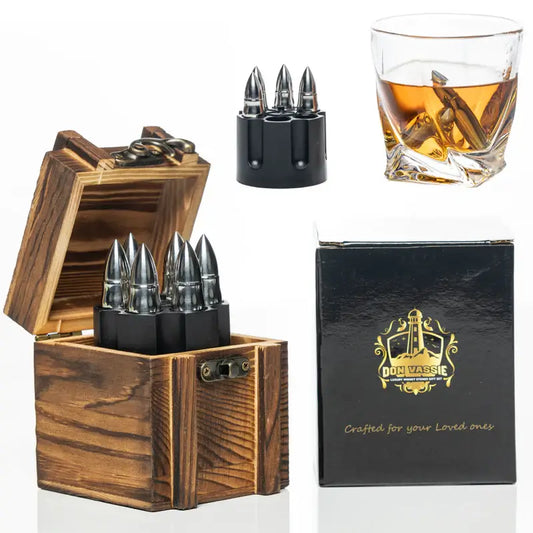 XL Whisky Silver Bullet Chillers with Revolver Holder and a Wooden Box