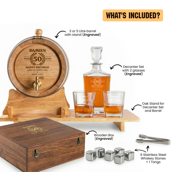 The Ultimate Whisky Experience Set – Personalised Barrel 5 Litre & Decanter set  Bundle