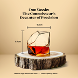 Don Vassie Diamond Shaped Decanter 850ml with 4 matching glasses and an intrinsically designed wooden display.