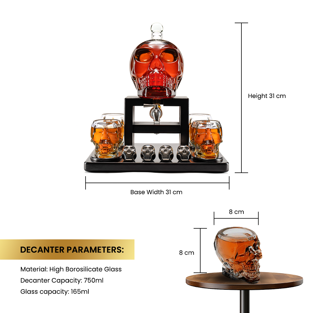 Don Vassie Limited Edition Skull Decanter 750ml with 4 Large Skull Glasses(165ml) and 4 Skull Stones.