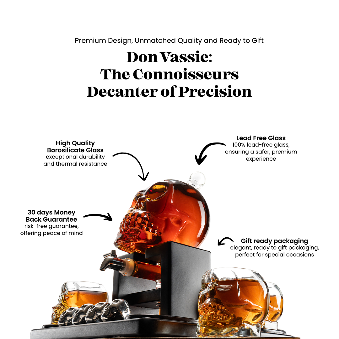 Don Vassie Limited Edition Skull Decanter 750ml with 4 Large Skull Glasses(165ml) and 4 Skull Stones.