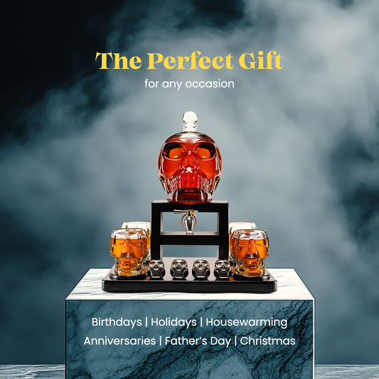 Don Vassie Limited Edition Skull Decanter 750ml with 4 Large Skull Glasses(165ml) and 4 Skull Stones.