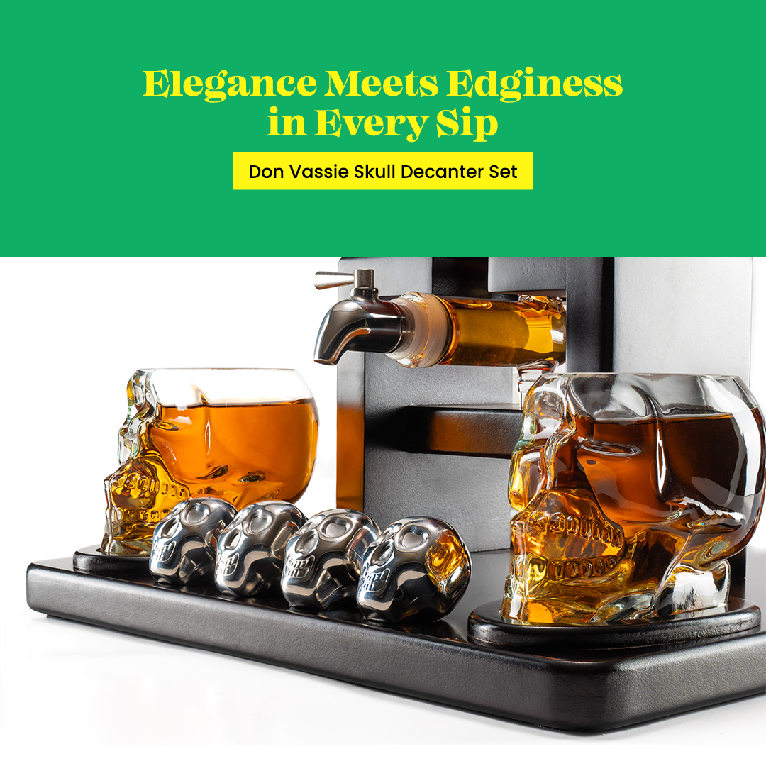 Don Vassie Limited Edition Skull Decanter 750ml with 4 Large Skull Glasses(165ml) and 4 Skull Stones.