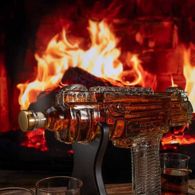 Uzi Submachine Gun Whiskey Gun Decanter with 4 Liquor Glasses & Wooden Base