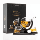Don Vassie skull decanter set with 2 glasses and mahogany base