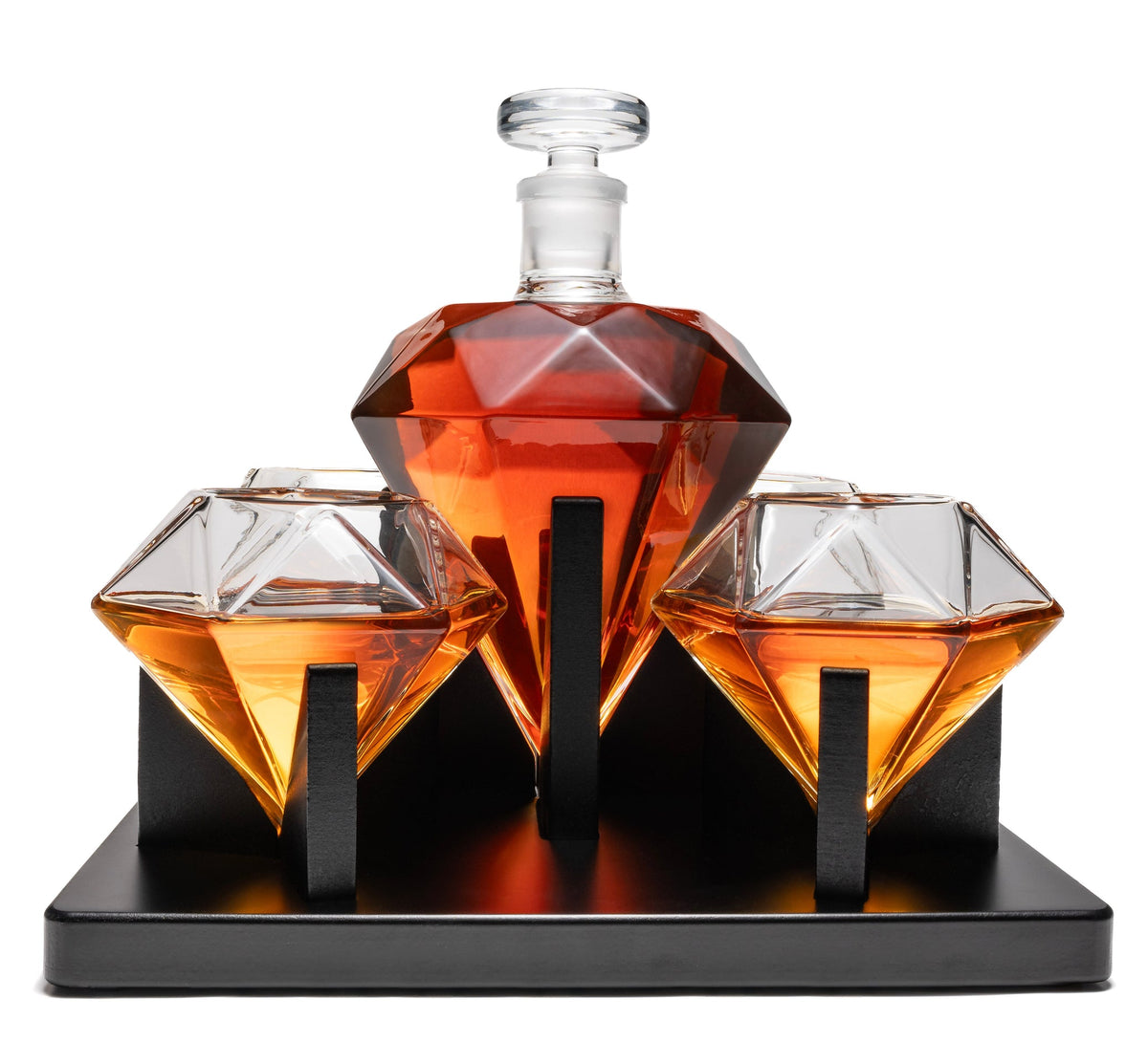 Don Vassie Diamond Shaped Decanter 850ml with 4 matching glasses and an intrinsically designed wooden display.