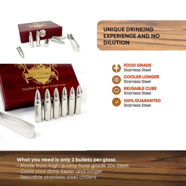 Don Vassie XL 6 PCS Silver Whiskey Bullet Chillers with tong & Box