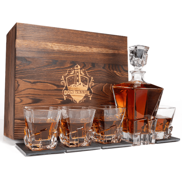 DON VASSIE LUXURY WHISKY DECANTER SET WITH 4 GLASSES-MOUNT KOSCIUSZKO