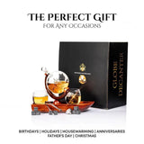 Don Vassie globe decanter set with 2 glasses and a boat shaped mahogany wooden base