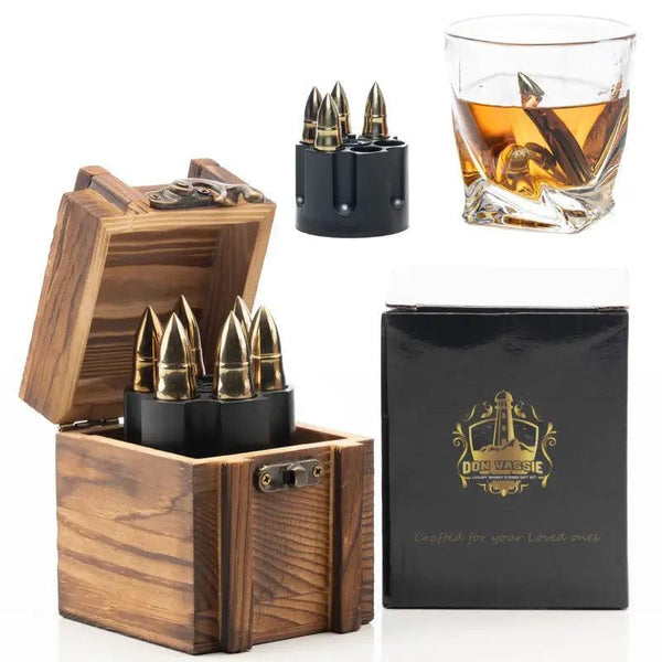 Whisky Bullet Chillers 6 pcs Golden with a Revolver Base and a Wooden Box