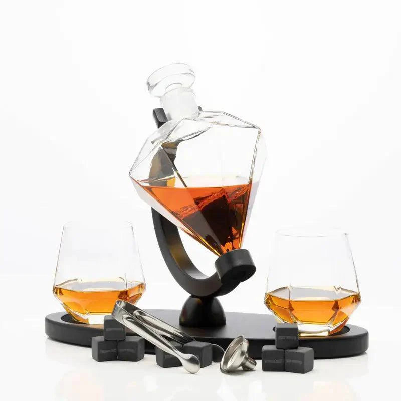 Don Vassie diamond shaped whiskey decanter set with 2 glasses and a luxury wooden stand