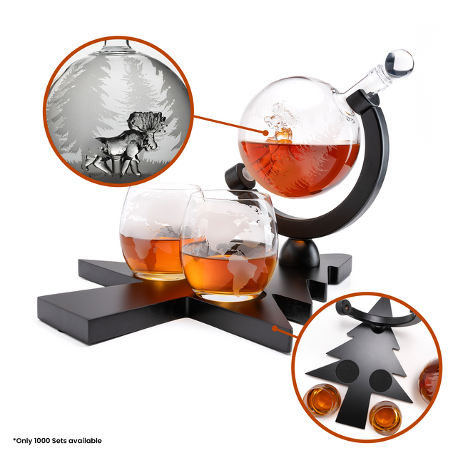 Limited-Edition Christmas Globe Decanter Set with Hand-Blown Reindeer