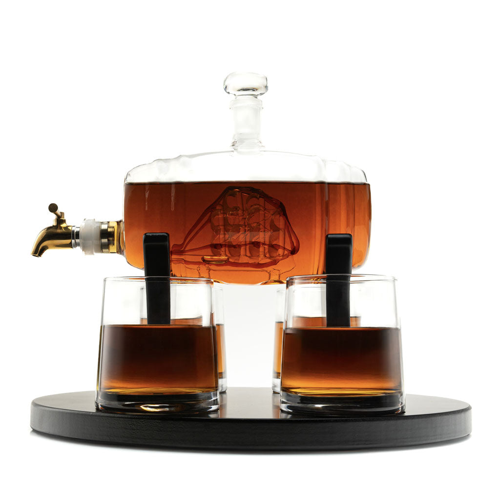 Whiskey Barrel Decanter Set 1000ml-Sailboat with 4 Heavy Base Glasses