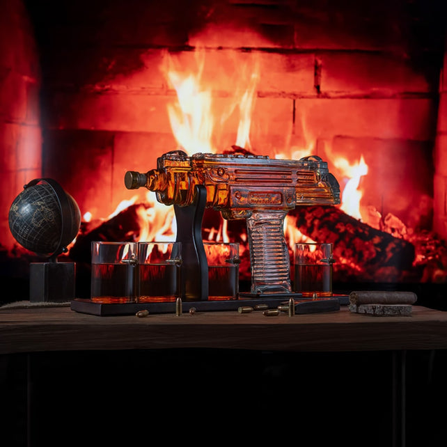 Uzi Submachine Gun Whiskey Gun Decanter with 4 Liquor Glasses & Wooden Base