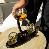 Don Vassie skull decanter set with 2 glasses and mahogany base