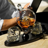 Don Vassie skull decanter set with 2 glasses and mahogany base