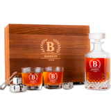 Custom Engraved Whiskey Decanter Set with Stainless Steel Stones and a Wooden Gift Box