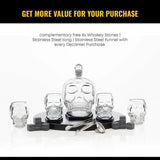 Don Vassie Skull Decanter Set with 4 Shot Skull Glasses and Round Wooden Base