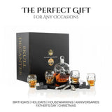 Don Vassie Skull Decanter Set with 4 Shot Skull Glasses and Round Wooden Base