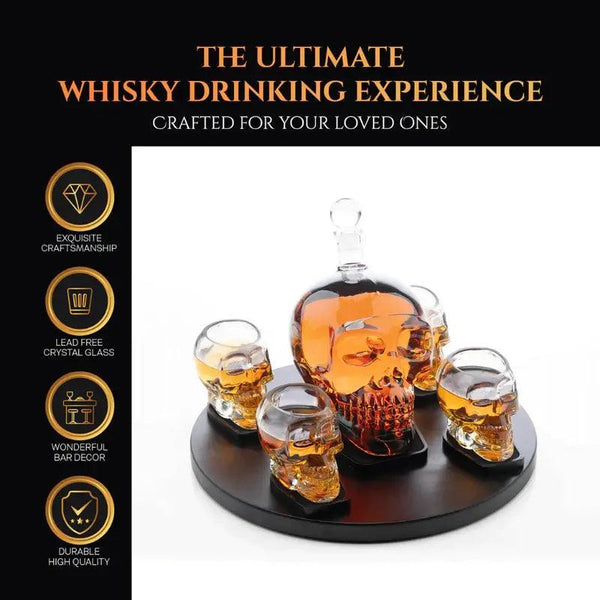 Don Vassie Skull Decanter Set with 4 Shot Skull Glasses and Round Wooden Base