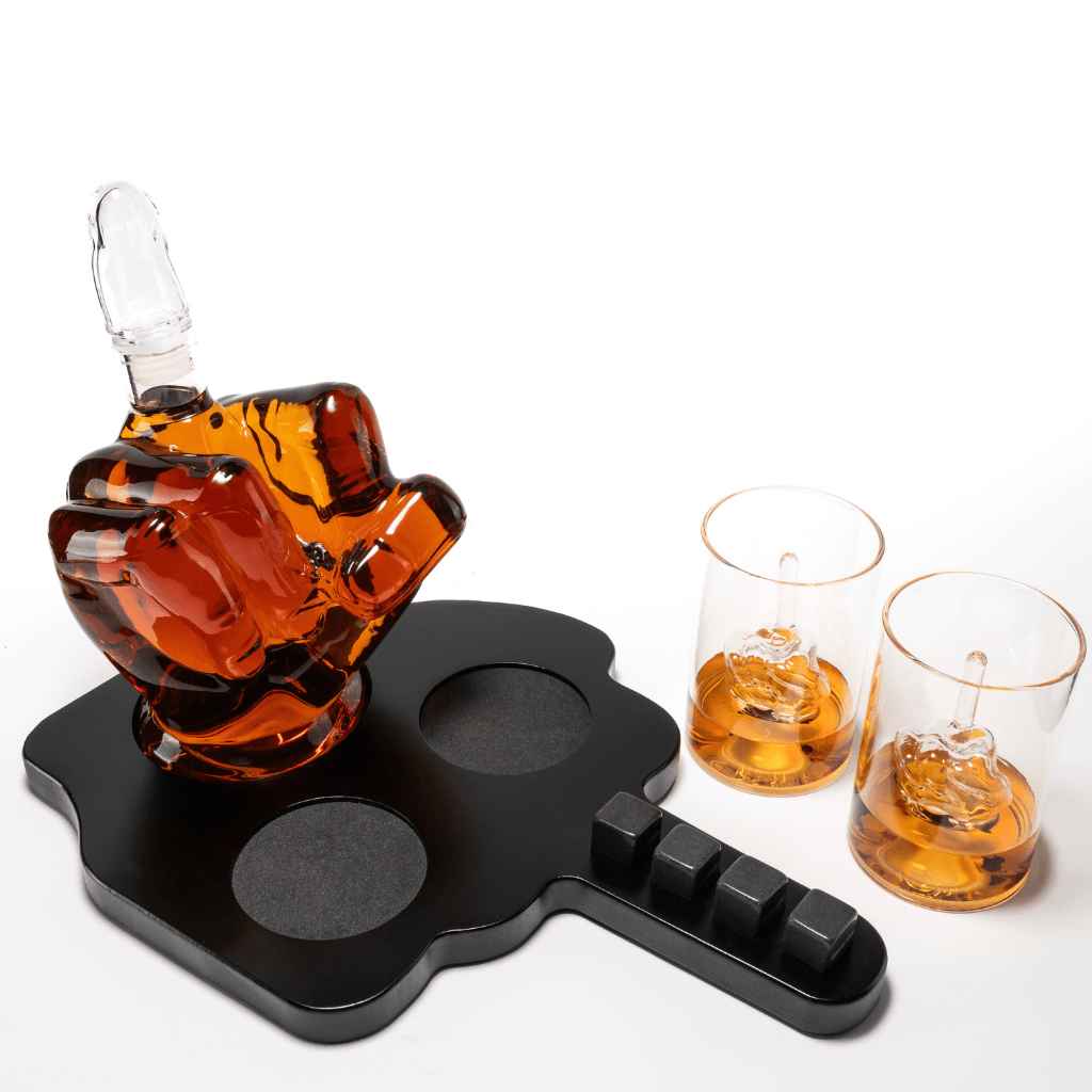 Custom Engraved Limited Edition Middle finger decanter 1000ml with finger shaped wooden display