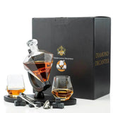 Don Vassie diamond shaped whiskey decanter set with 2 glasses and a luxury wooden stand