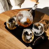 Don Vassie Globe Decanter Set 850ml with 4 Glasses and Wooden tray base with gold handles