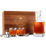 Custom Engraved Whiskey Decanter Set with Stainless Steel Stones and a Wooden Gift Box