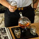 Don Vassie Skull Globe Decanter Set with 4 skull shot glasses+4 stainless steel skull stones