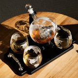 Don Vassie Globe Decanter Set 850ml with 4 Glasses and Wooden tray base with gold handles