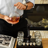 Don Vassie Custom Engraved Skull Globe Decanter Set with 4 skull shot glasses+4 stainless steel skull stones