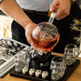 Don Vassie Skull Globe Decanter Set with 4 skull shot glasses+4 stainless steel skull stones