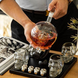 Don Vassie Custom Engraved Skull Globe Decanter Set with 4 skull shot glasses+4 stainless steel skull stones