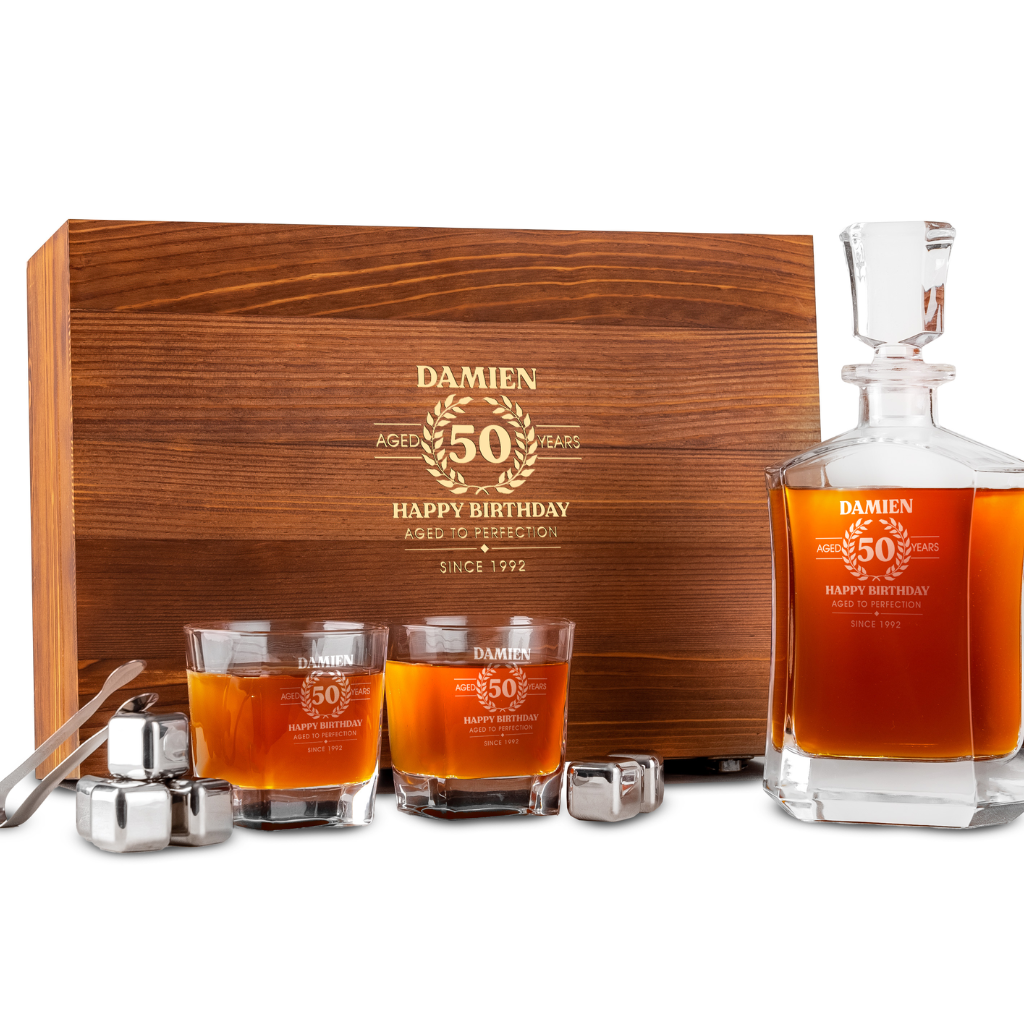 Custom Engraved Whiskey Decanter Set with Stainless Steel Stones and a Wooden Gift Box