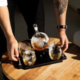 Custom Engraved Don Vassie Globe Decanter Set 850ml with 4 Glasses and Wooden tray base with gold handles