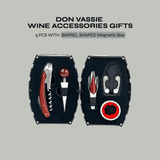 Don Vassie wine accessories gift set 4 pieces in a barrel shaped magnetic box