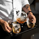 Don Vassie Globe Decanter Set 850ml with 4 Glasses and Wooden tray base with gold handles