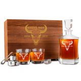 Custom Engraved Whiskey Decanter Set with Stainless Steel Stones and a Wooden Gift Box
