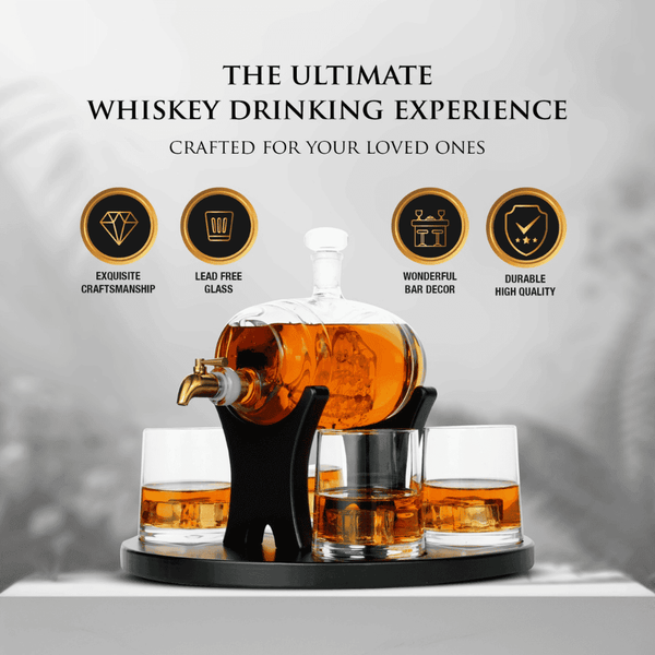 Don Vassie Whiskey Barrel Decanter Set 1000ml-Sailboat  with 4 Heavy Base Glasses