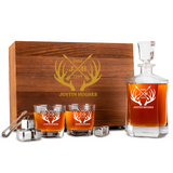 Custom Engraved Whiskey Decanter Set with Stainless Steel Stones and a Wooden Gift Box