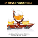 Don Vassie globe decanter set with 2 glasses and a boat shaped mahogany wooden base