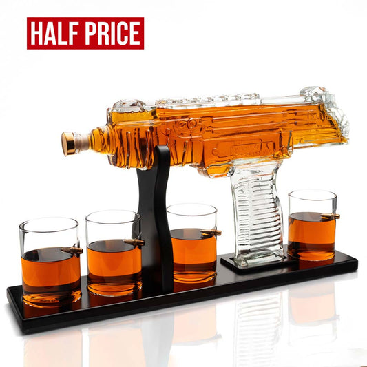 Uzi Submachine Gun Whiskey Gun Decanter with 4 Liquor Glasses & Wooden Base