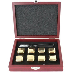 Whisky Ice Cubes Chillers - 8 Pieces (Gold)in a Elegant Wooden Gift Box